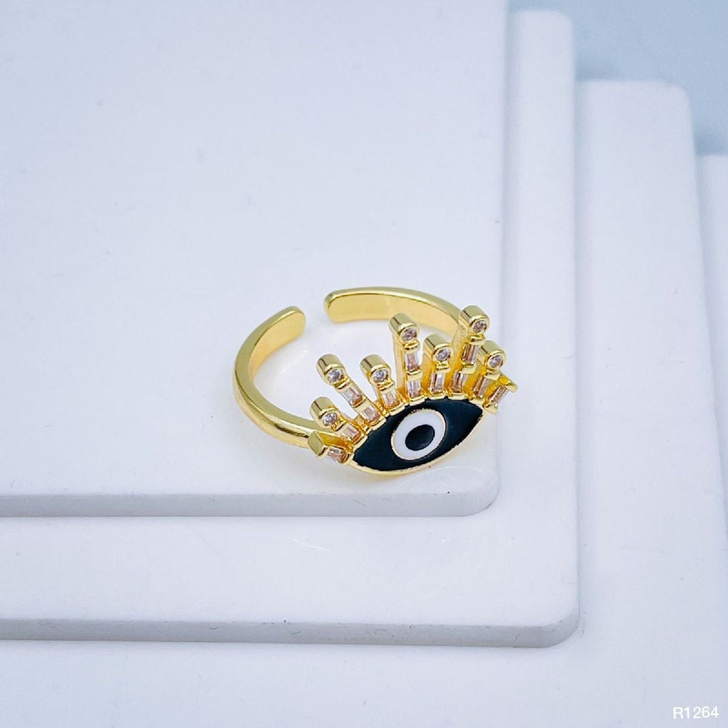 Eyelash Evil Eye Copper CZ Enamel Gold Black Adjustable Ring Bulk