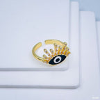 Eyelash Evil Eye Copper CZ Enamel Gold Black Adjustable Ring Bulk