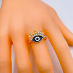 Eyelash Evil Eye Copper CZ Enamel Gold Black Adjustable Ring Bulk