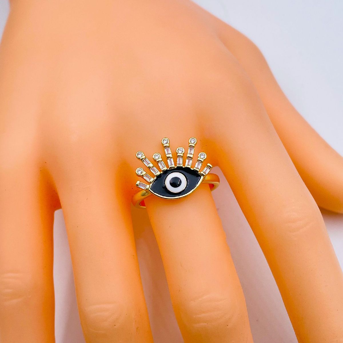 Eyelash Evil Eye Copper CZ Enamel Gold Black Adjustable Ring Bulk
