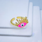 Eyelash Evil Eye Copper CZ Enamel Gold Pink Adjustable Ring Bulk
