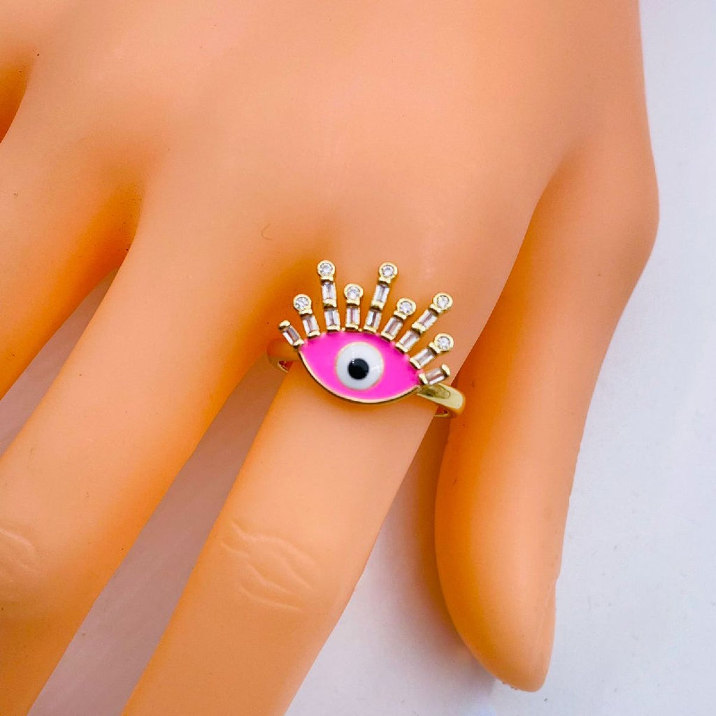 Eyelash Evil Eye Copper CZ Enamel Gold Pink Adjustable Ring Bulk