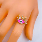 Eyelash Evil Eye Copper CZ Enamel Gold Pink Adjustable Ring Bulk