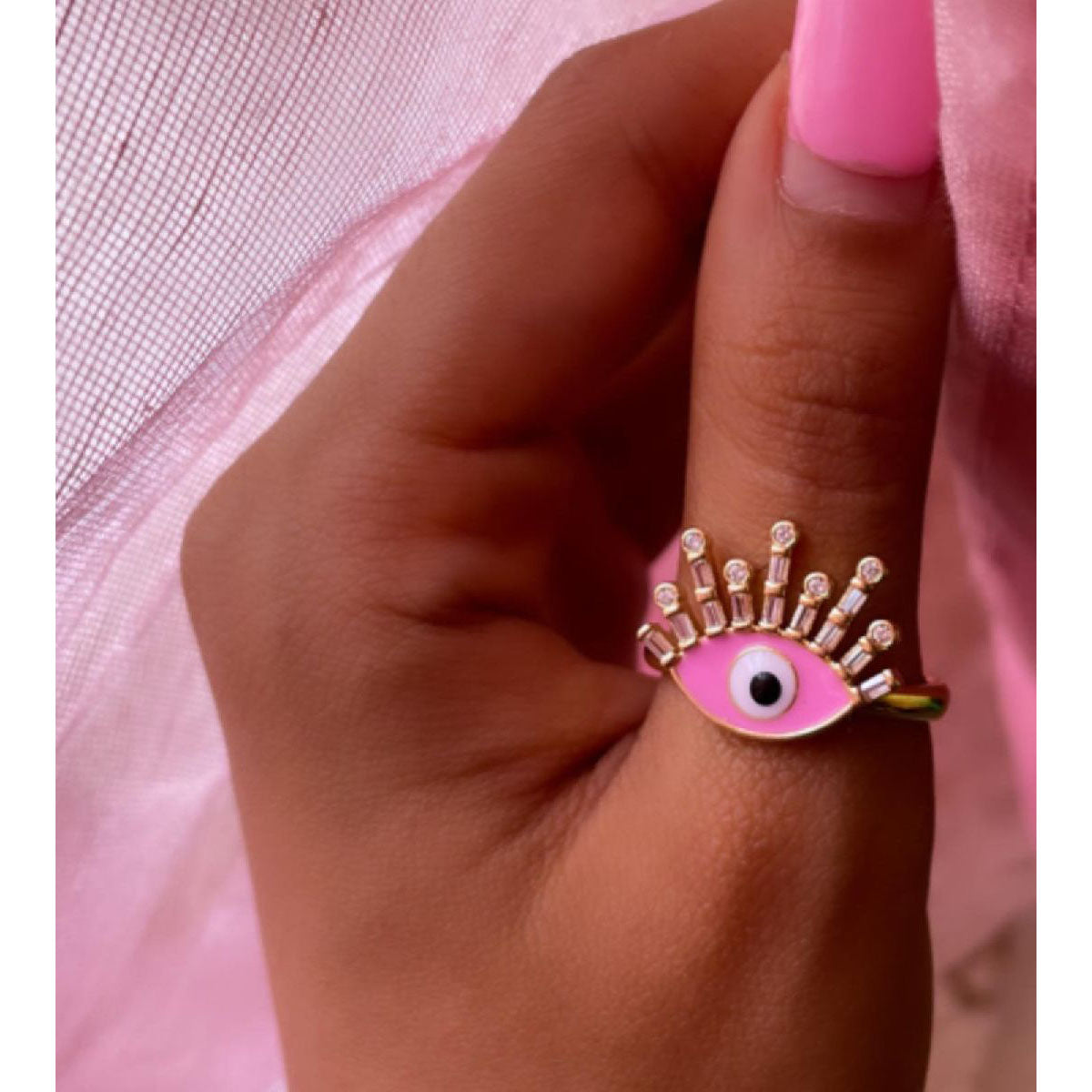 Eyelash Evil Eye Copper CZ Enamel Gold Pink Adjustable Ring Bulk