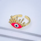 Hot Pink Evil Eye Baguette Cubic Zirconia Gold Copper Ring Women Bulk