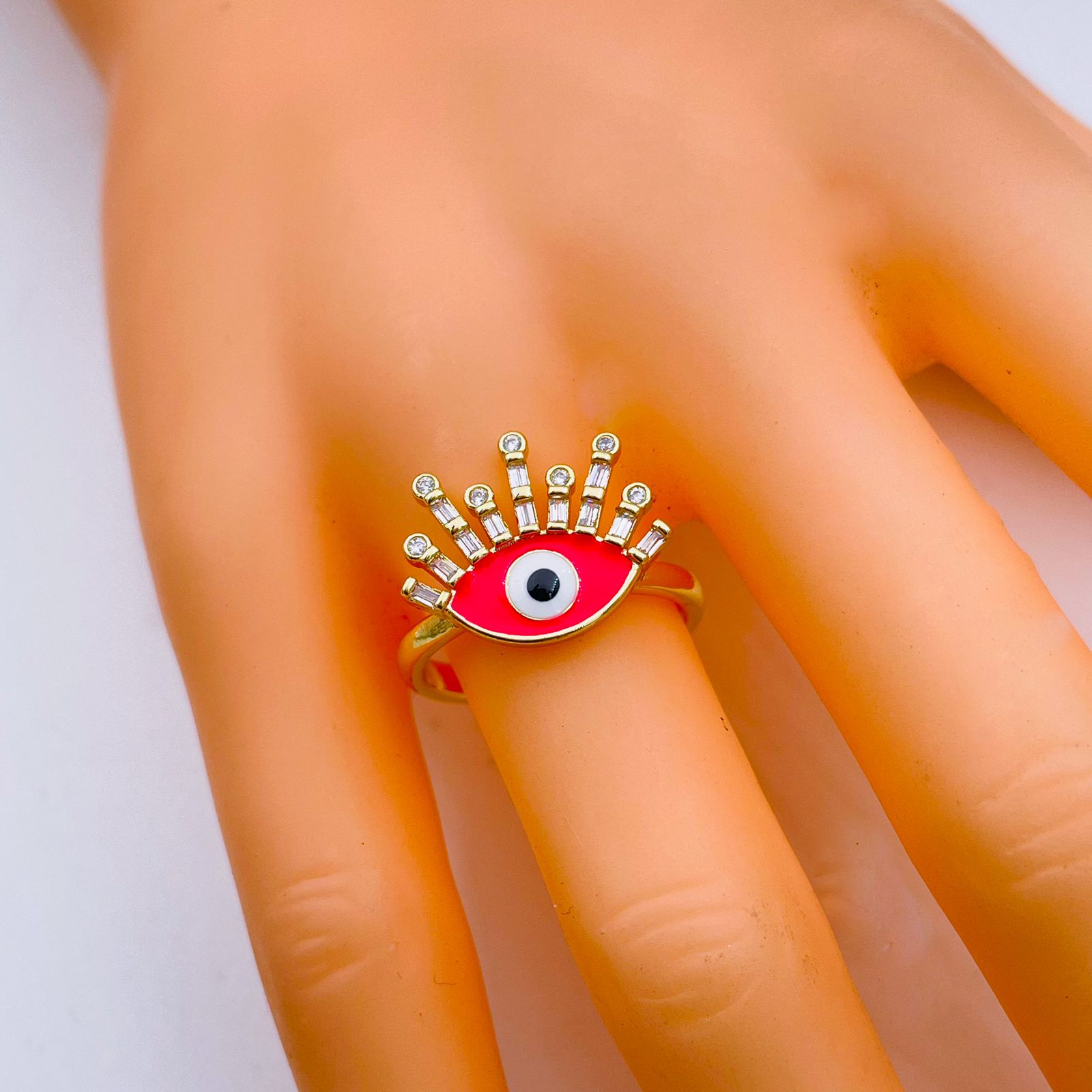 Hot Pink Evil Eye Baguette Cubic Zirconia Gold Copper Ring Women Bulk