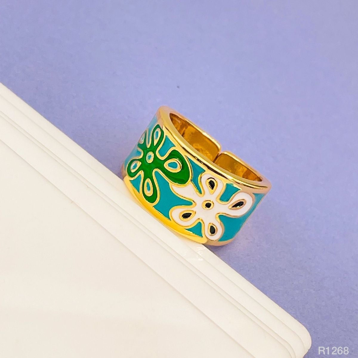 Flower Copper Enamel Gold Green Multicolor Band Ring For Women Bulk