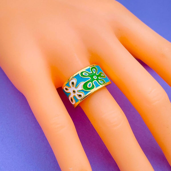 Flower Copper Enamel Gold Green Multicolor Band Ring For Women Bulk Secondary image
