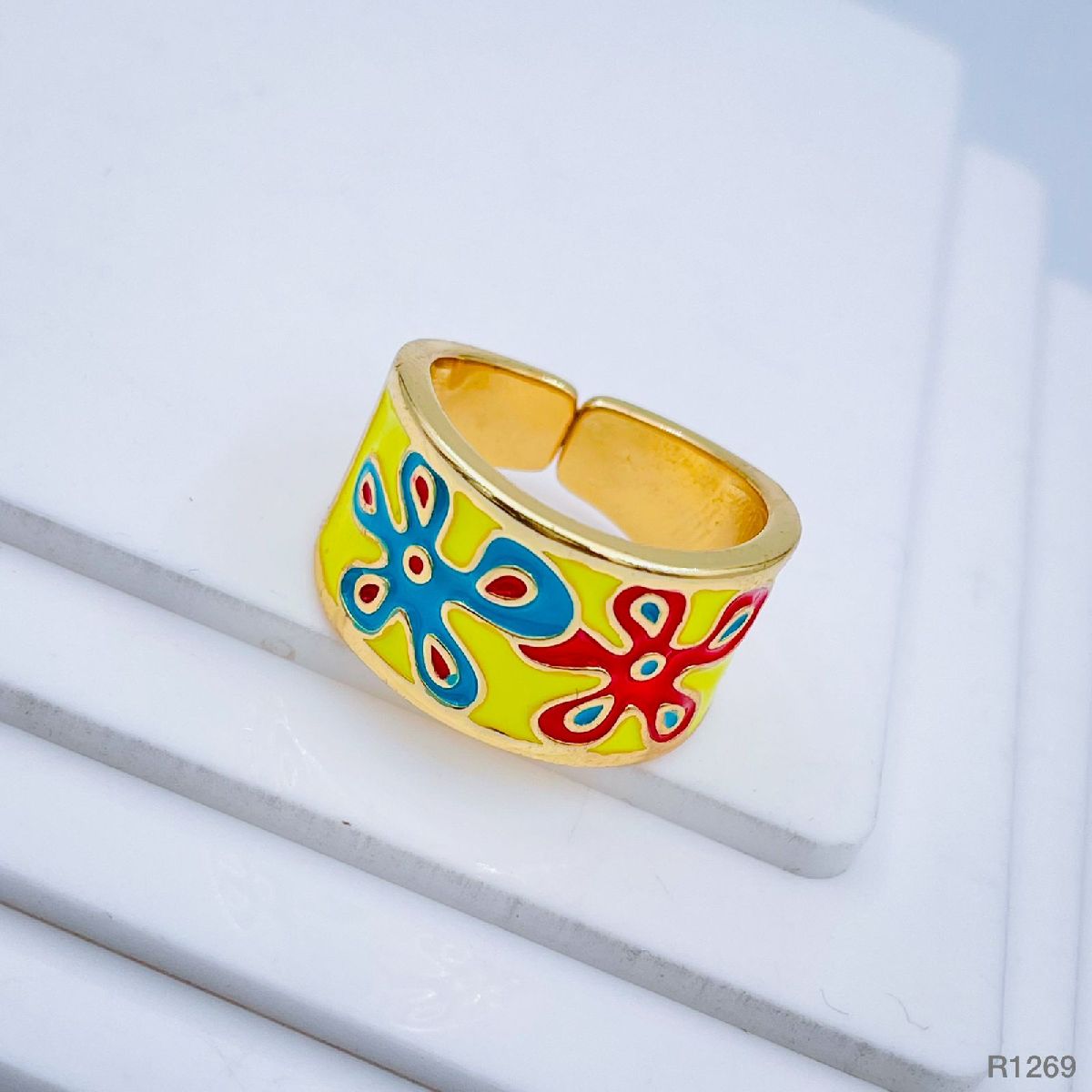 Flower Copper Enamel Gold Yellow Multicolor Band Ring For Women Bulk