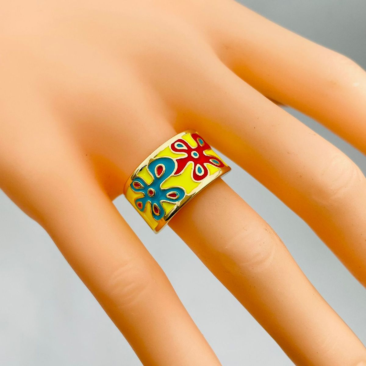 Flower Copper Enamel Gold Yellow Multicolor Band Ring For Women Bulk