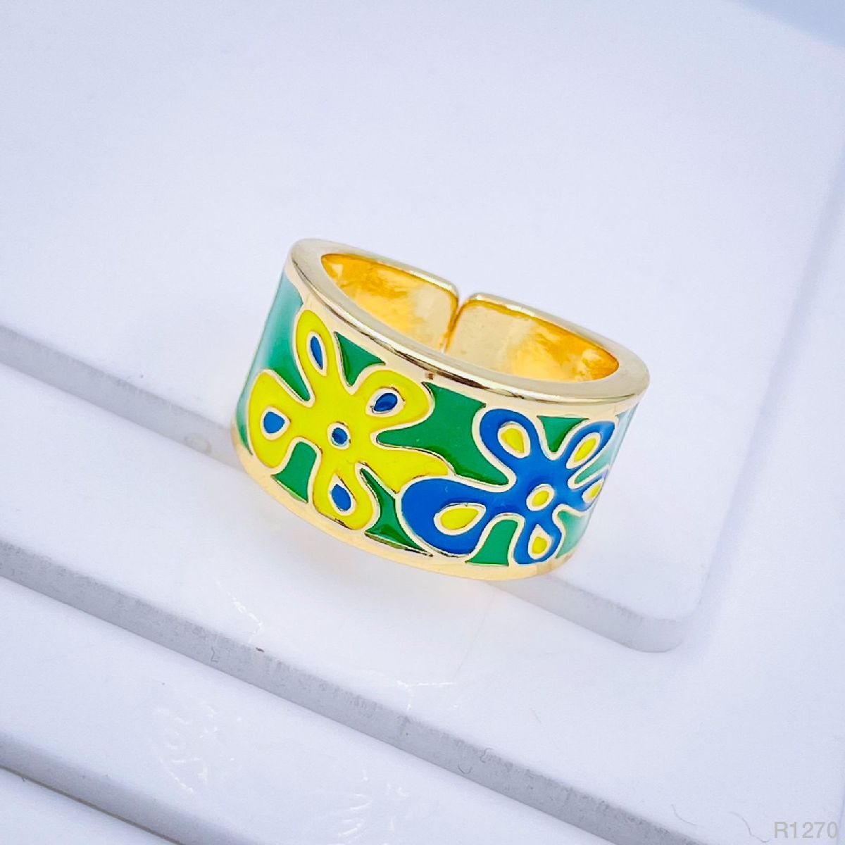 Yellow Blue Flower Enamel Gold Copper Shank Band Ring For Women Bulk Main image