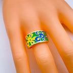 Yellow Blue Flower Enamel Gold Copper Shank Band Ring For Women Bulk