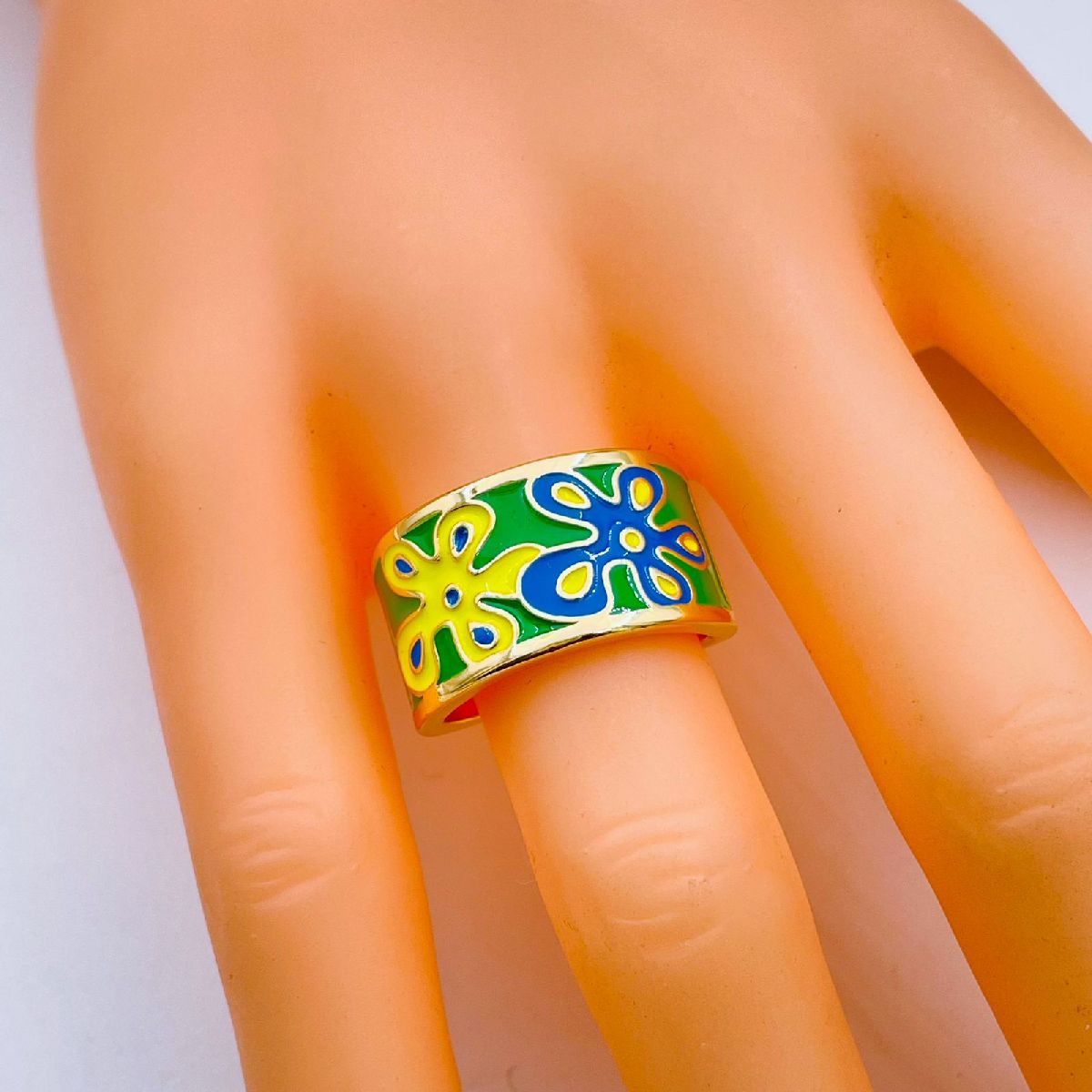 Yellow Blue Flower Enamel Gold Copper Shank Band Ring For Women Bulk