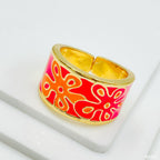 Pink Orange Flower Enamel Gold Copper Shank Band Ring For Women Bulk