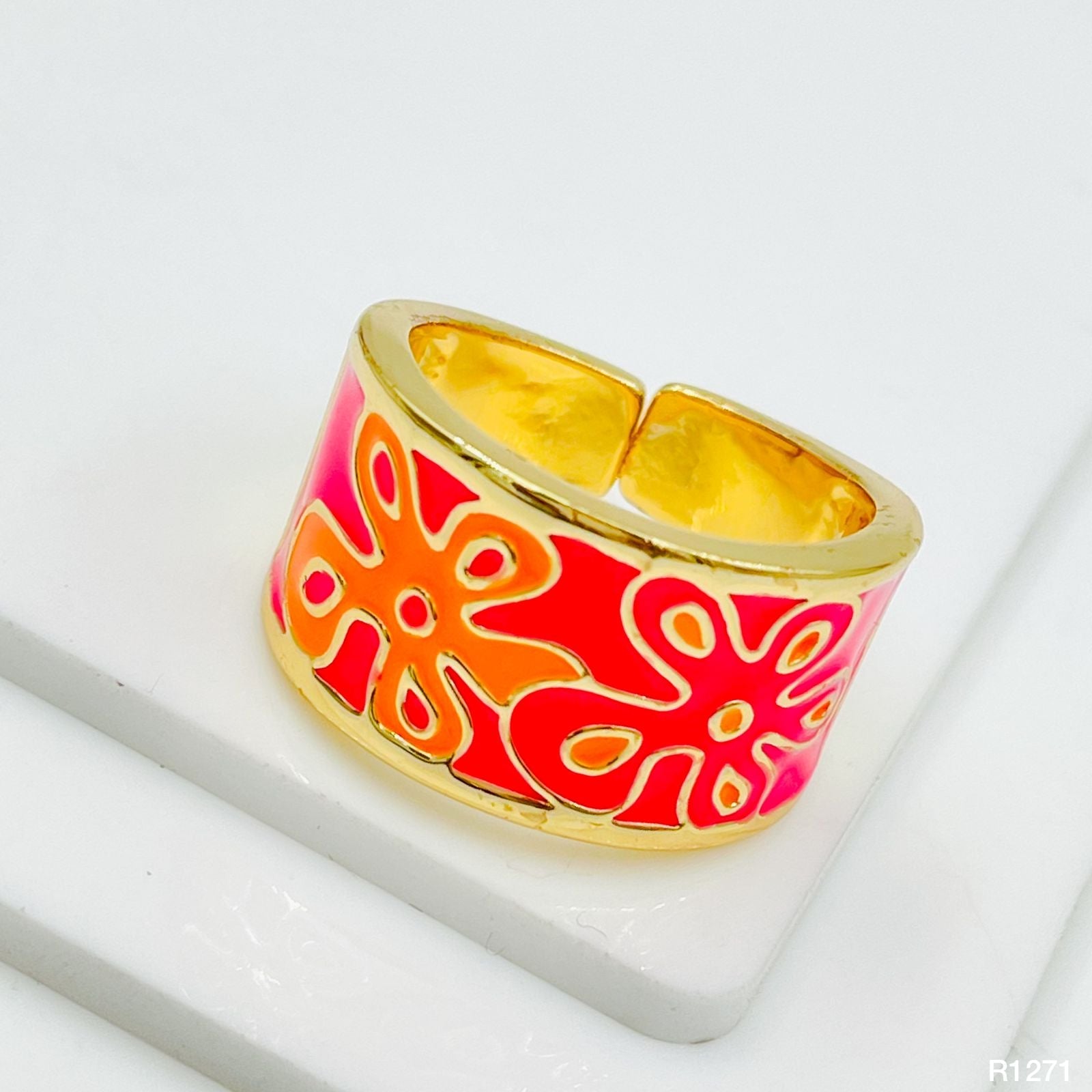 Pink Orange Flower Enamel Gold Copper Shank Band Ring For Women Bulk