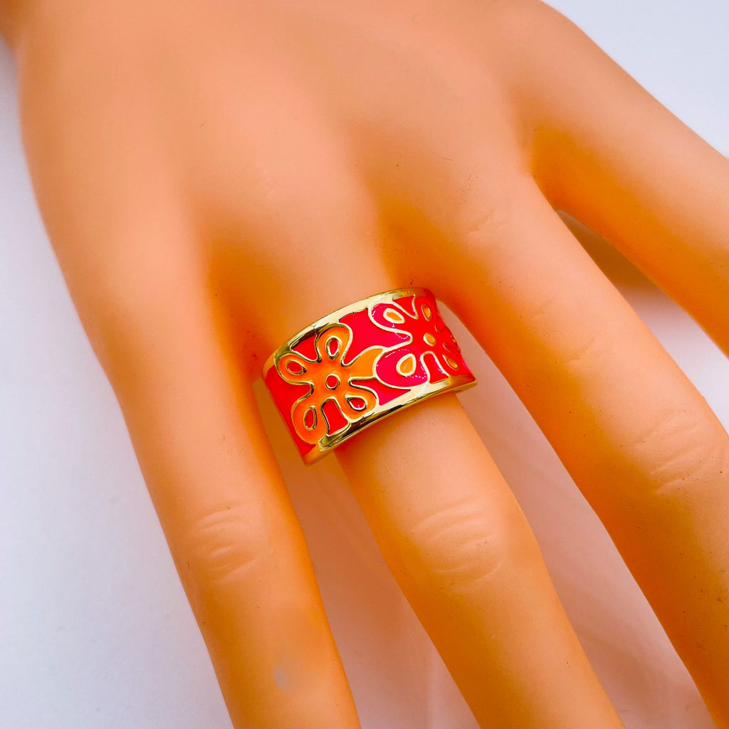 Pink Orange Flower Enamel Gold Copper Shank Band Ring For Women Bulk