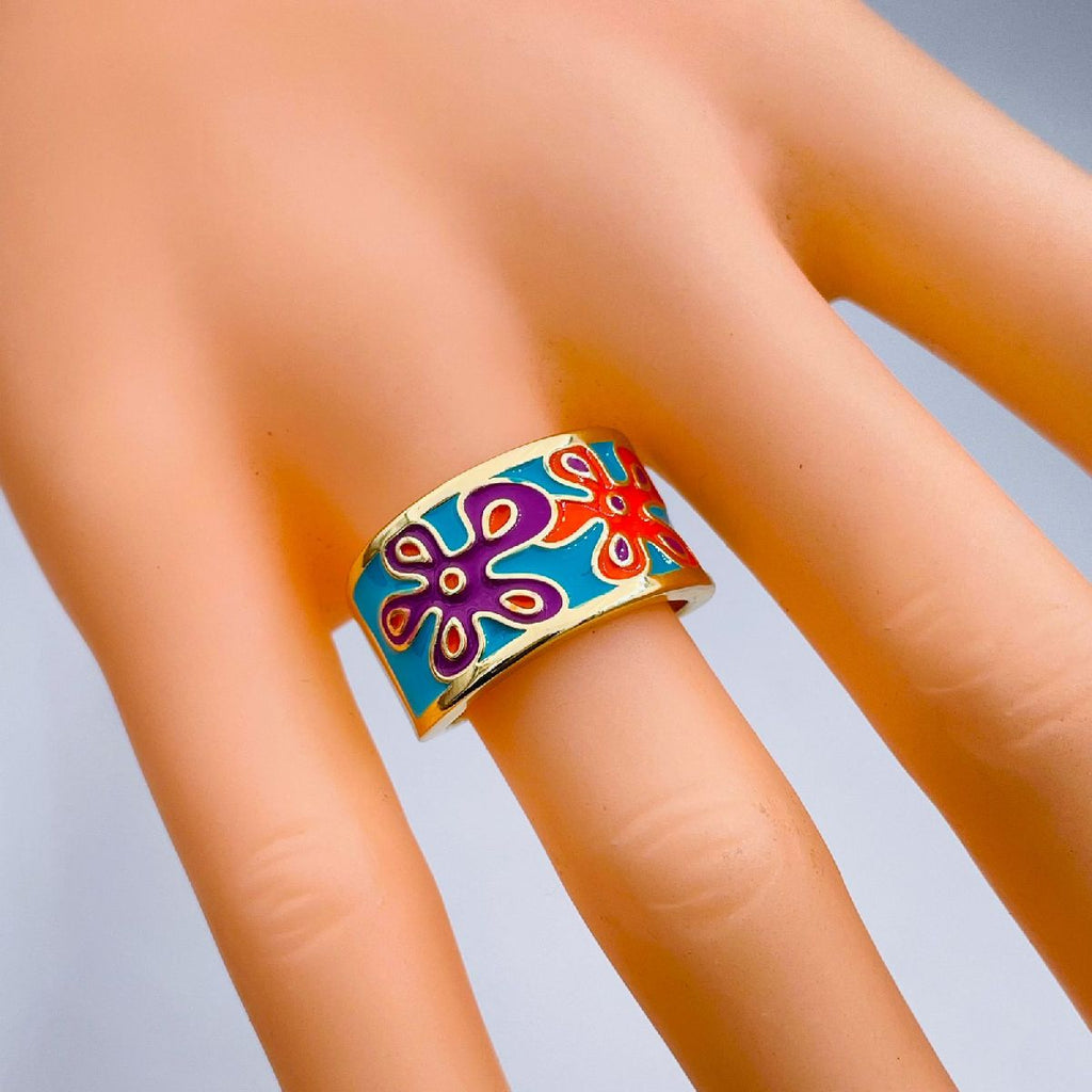 Flower Copper Enamel Gold Blue Multicolor Band Ring For Women Bulk