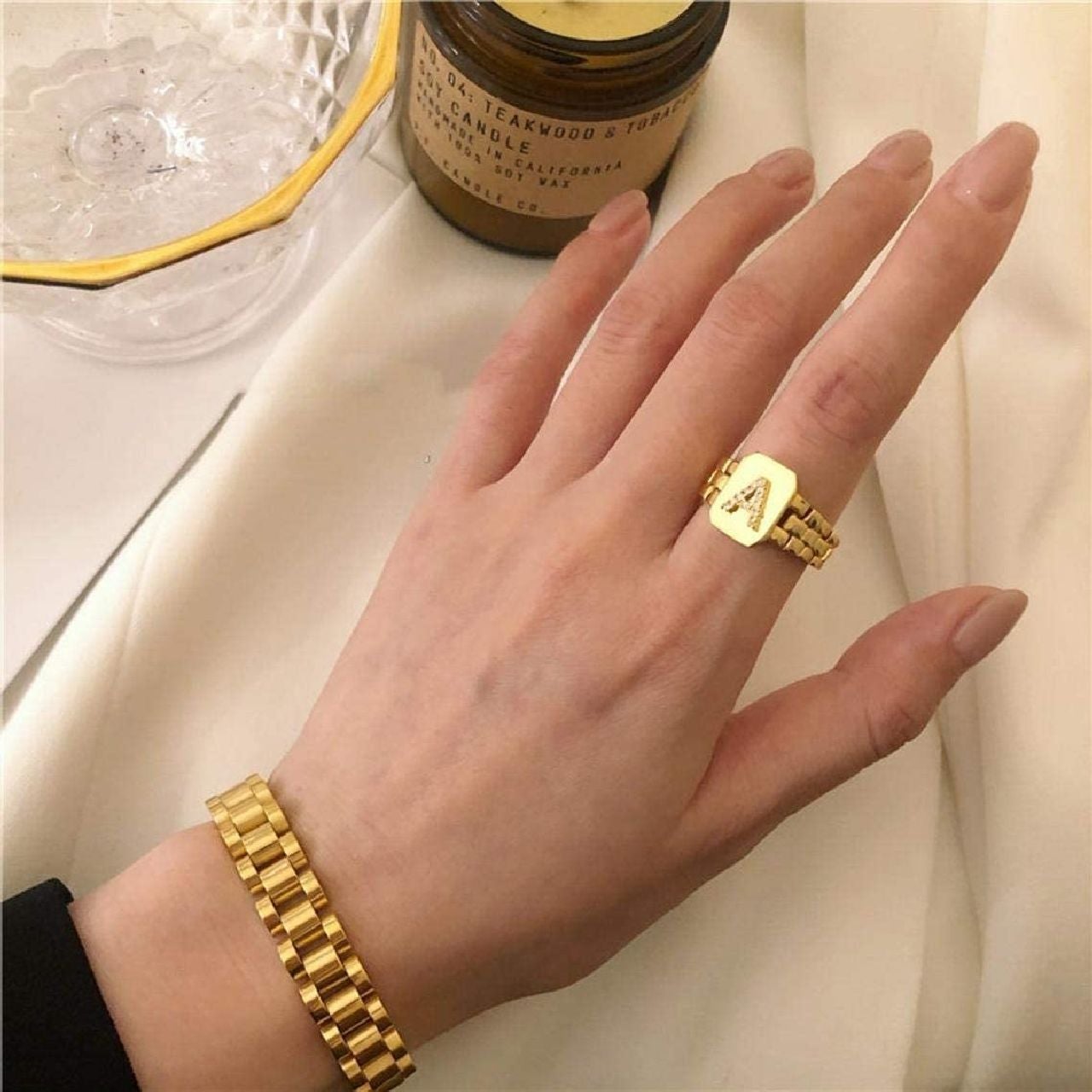 Copper Cubic Zirconia Gold Letter Free Size Adjustable Ring Women