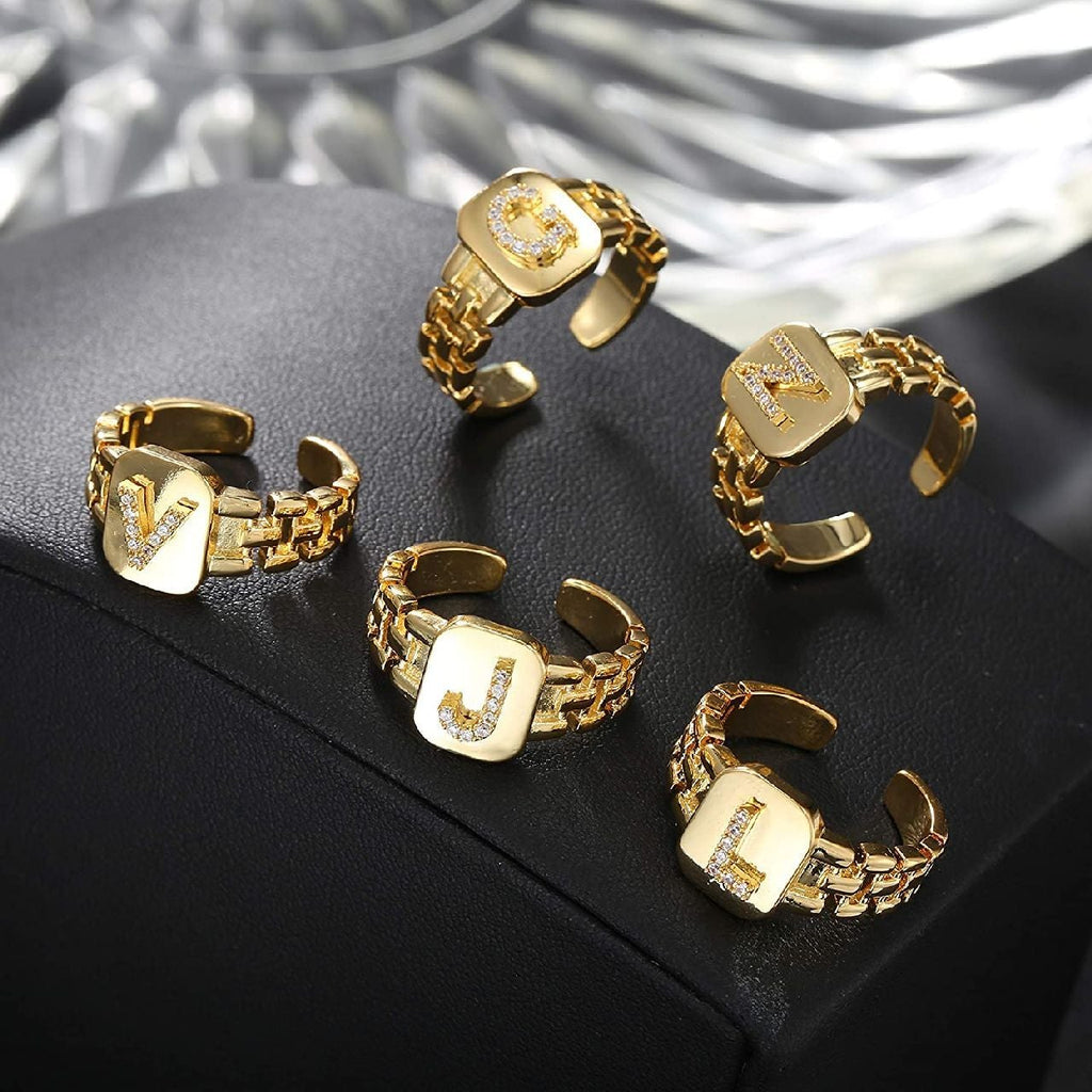 Copper Cubic Zirconia Gold Letter Free Size Adjustable Ring Women