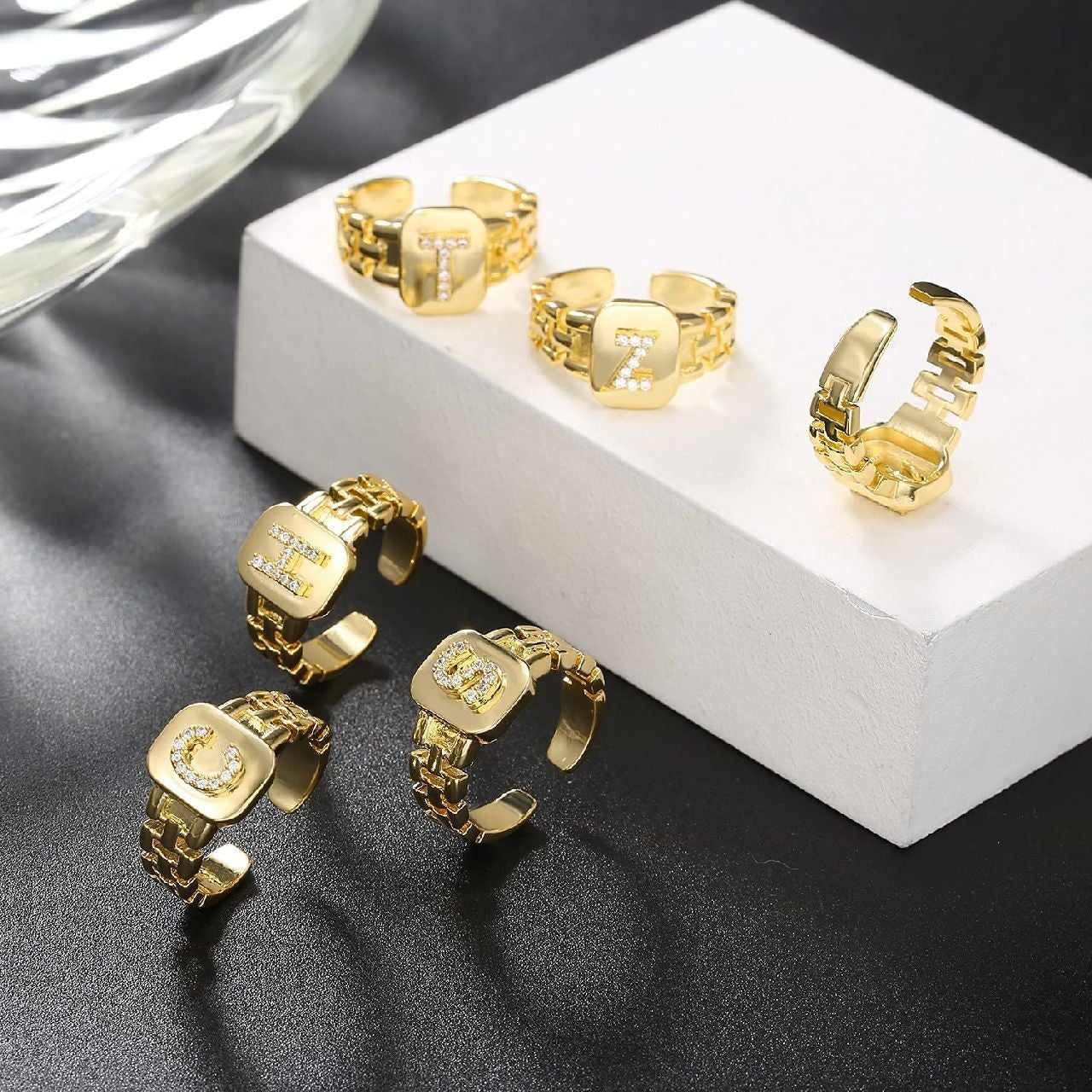 Copper Cubic Zirconia Gold Letter Free Size Adjustable Ring Women