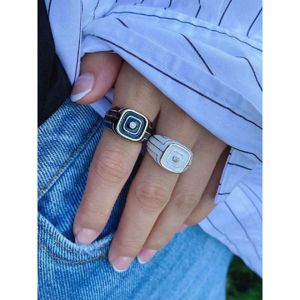 Smart Geometric Stripes White Enamel Gold Copper Open Back Ring Bulk Main image