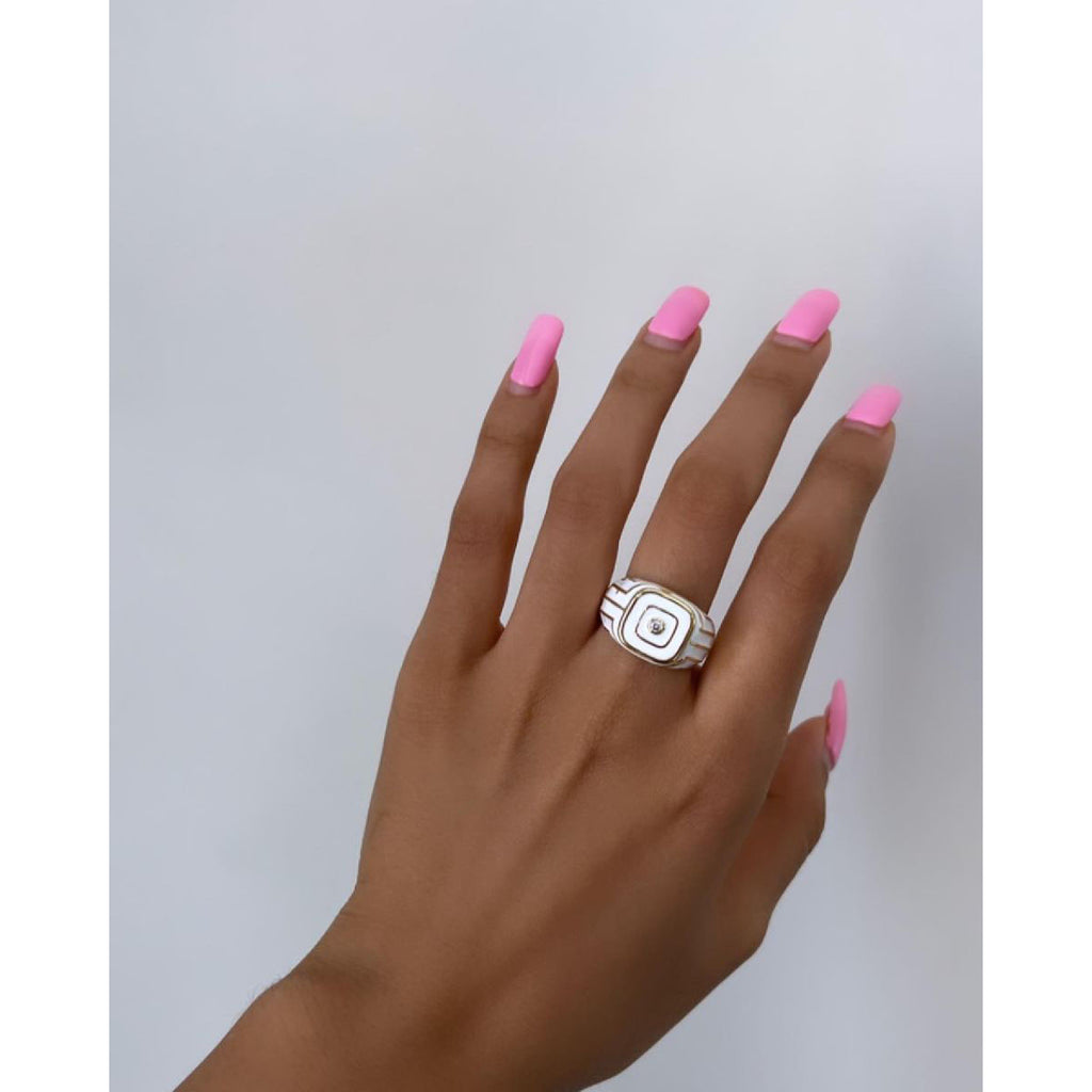 Smart Geometric Stripes White Enamel Gold Copper Open Back Ring Bulk