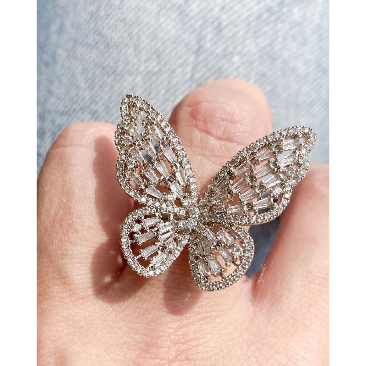 Large Butterfly Cubic Zirconia Gold Copper Free Size Ring Women Bulk