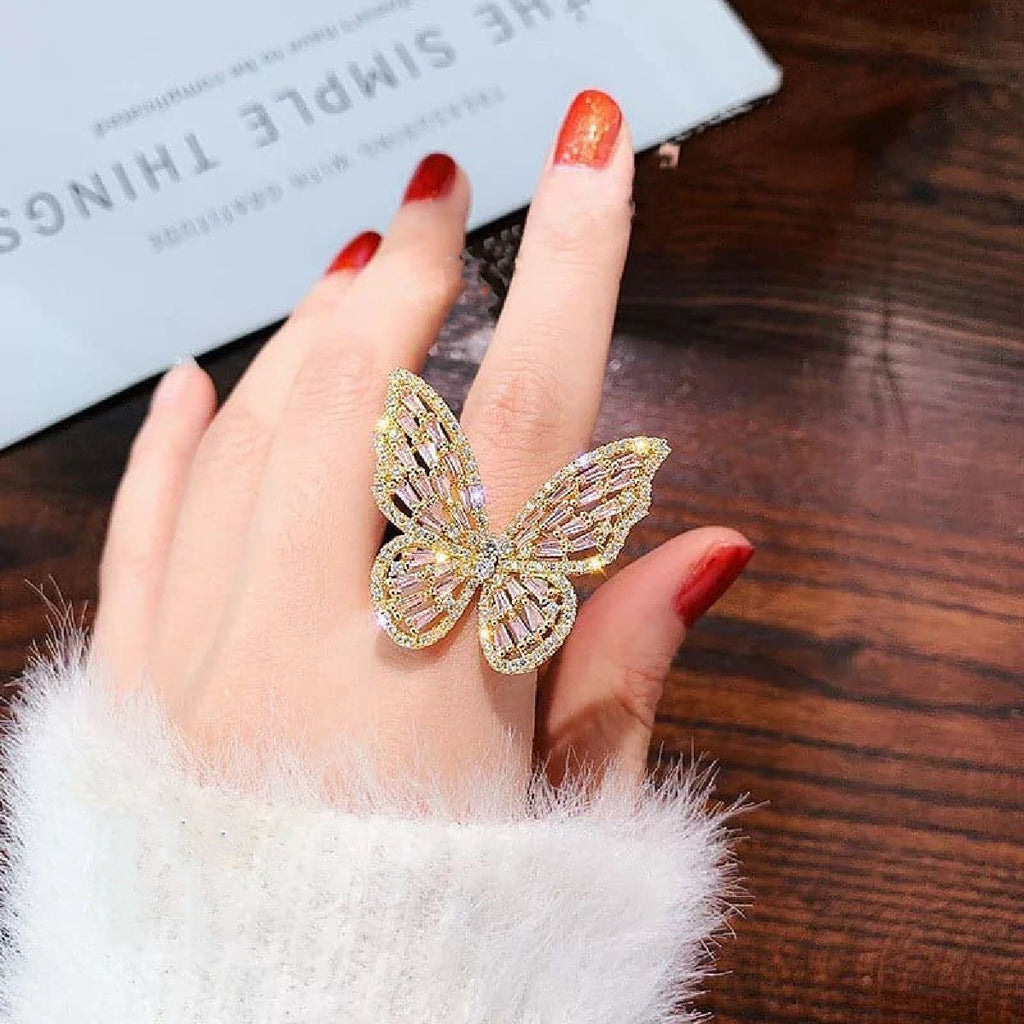 Large Butterfly Cubic Zirconia Gold Copper Free Size Ring Women Bulk