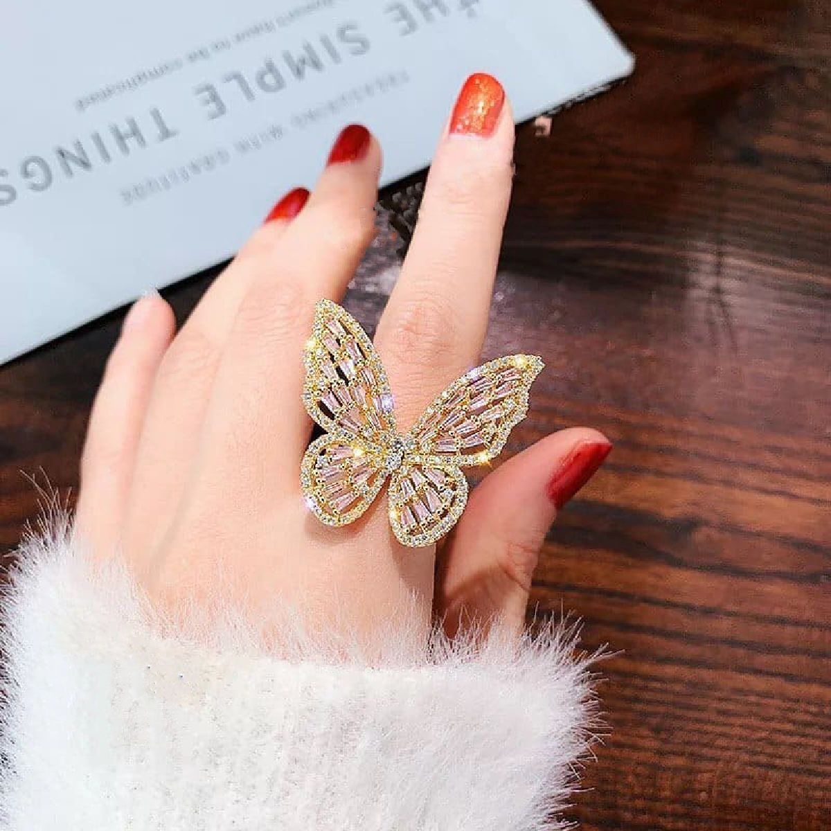 Large Butterfly Cubic Zirconia Gold Copper Free Size Ring Women Bulk
