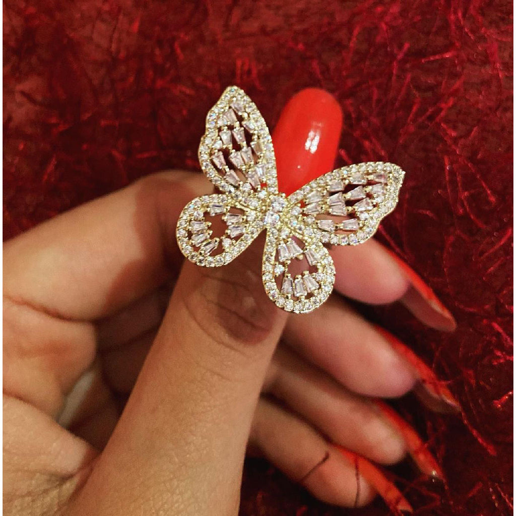 Large Butterfly Cubic Zirconia Gold Copper Free Size Ring Women Bulk