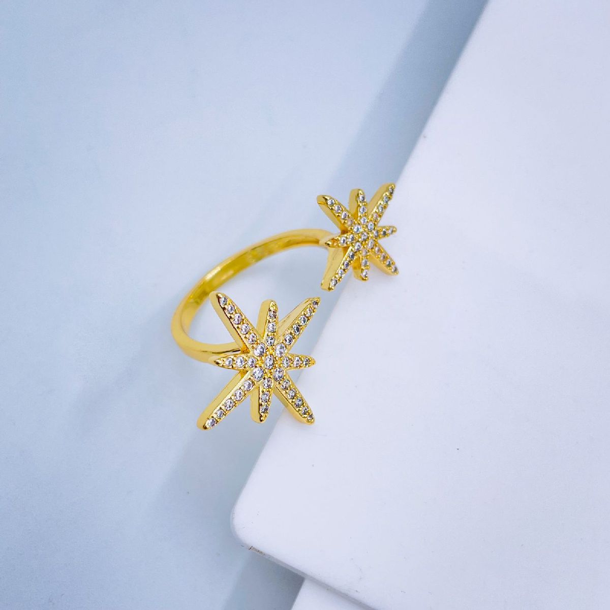 Copper Cubic Zirconia Gold Twin Star Burst Adjustable Ring Women Bulk