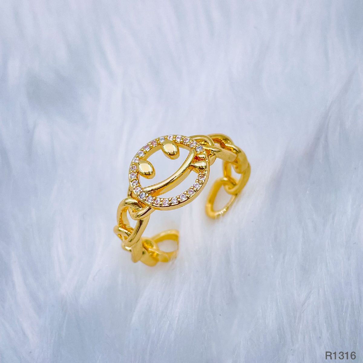 Smiley Face Copper Cubic Zirconia Gold Free Size Adjustable Ring Bulk Main image
