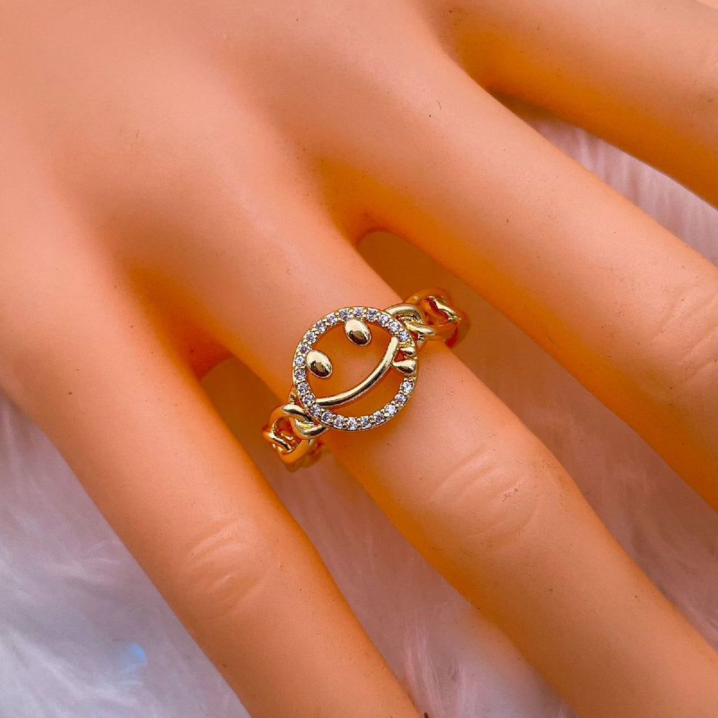 Smiley Face Copper Cubic Zirconia Gold Free Size Adjustable Ring Bulk