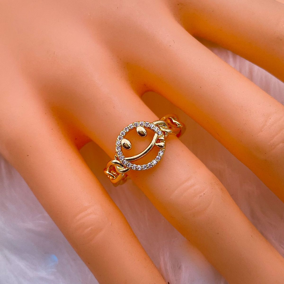 Smiley Face Copper Cubic Zirconia Gold Free Size Adjustable Ring Bulk