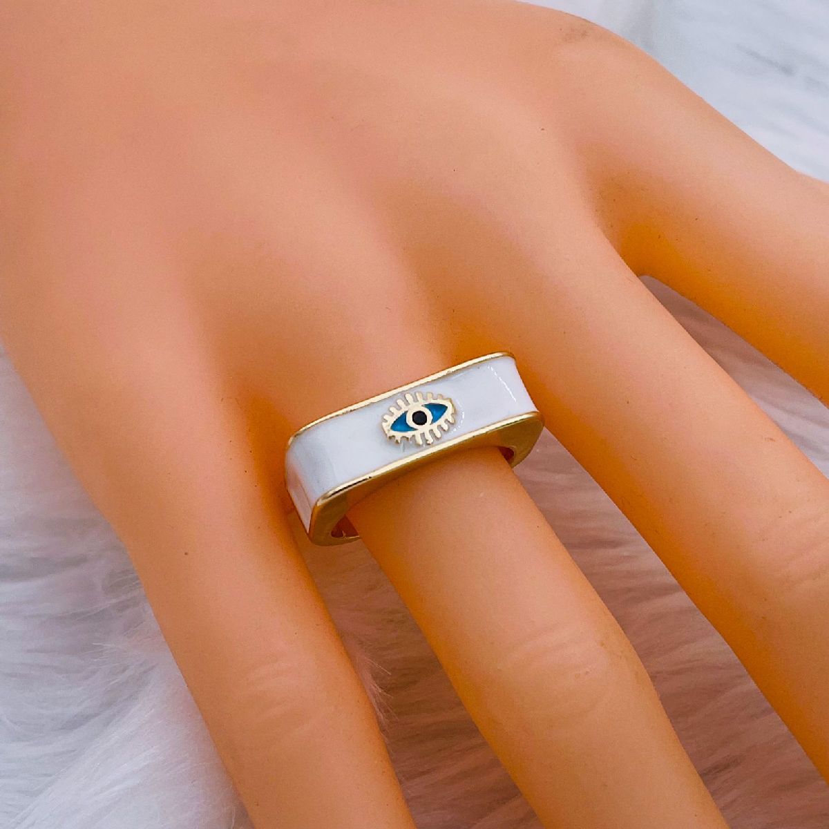 Copper Enamel White Gold Evil Eye Free Size Adjustable Ring Women Bulk
