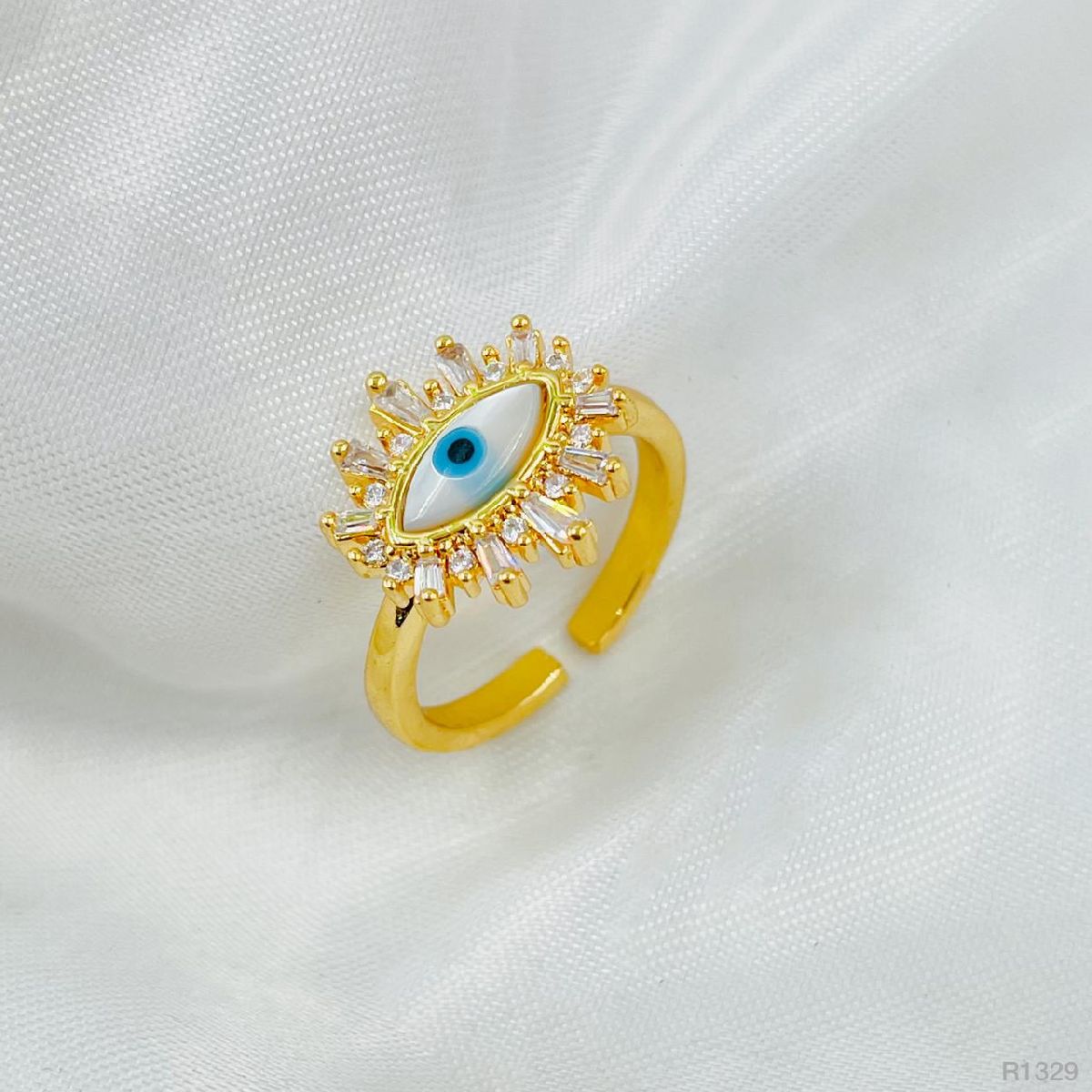 Evil Eye Mother Of Pearl Copper Gold Free Size Adjustable Ring Bulk Main image