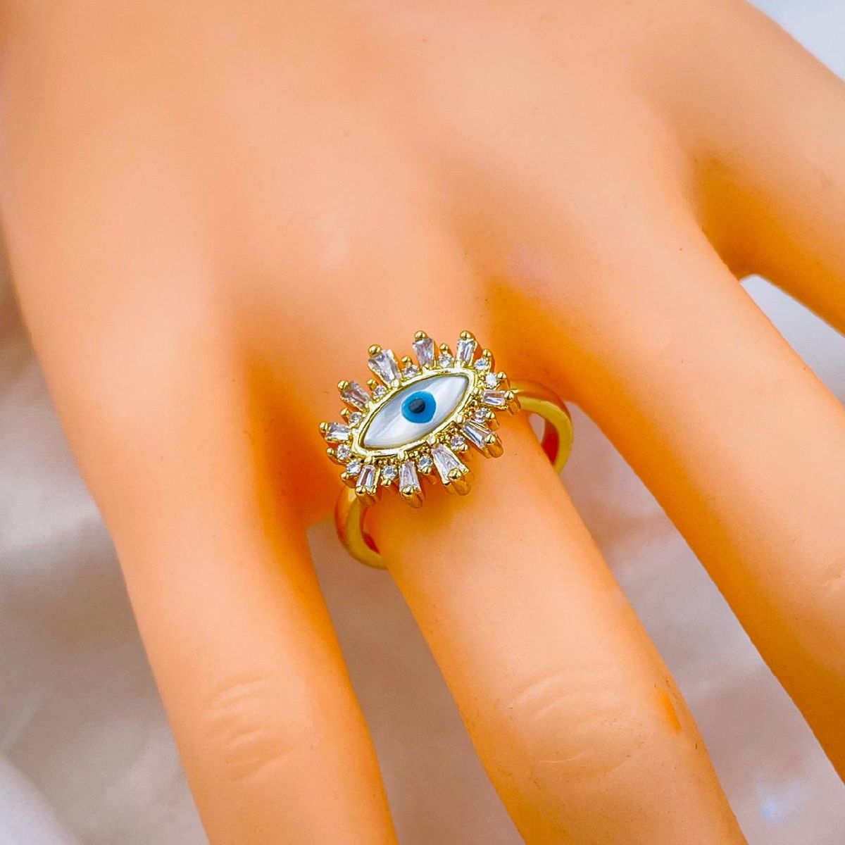 Evil Eye Mother Of Pearl Copper Gold Free Size Adjustable Ring Bulk