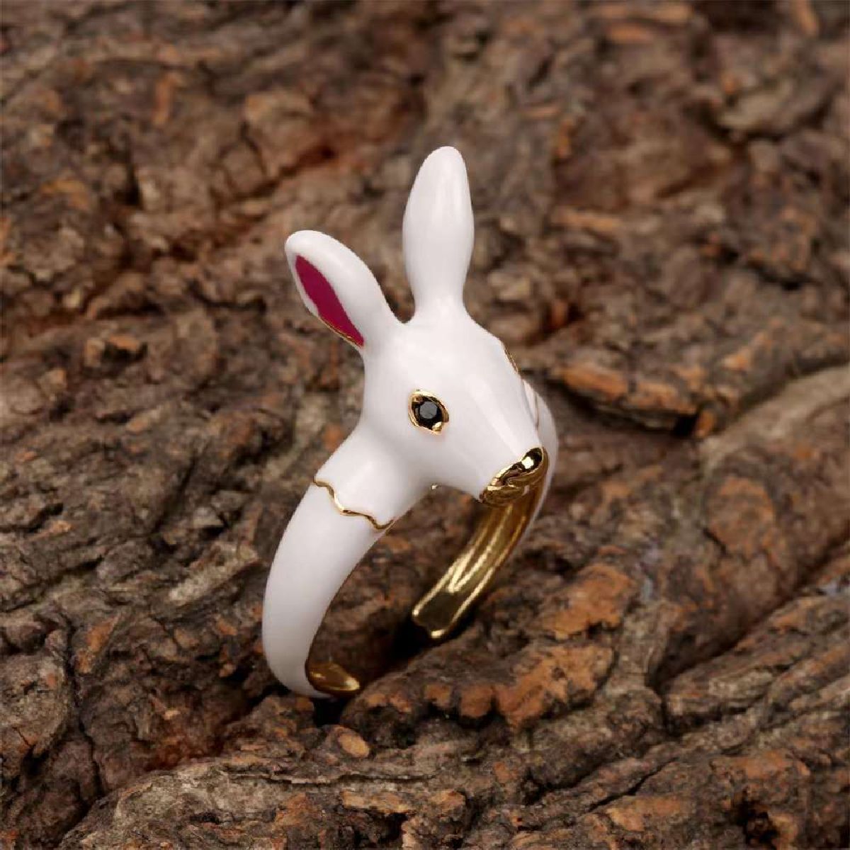 Rabbit White Copper Enamel Gold Free Size Adjustable Ring Women Bulk Main image