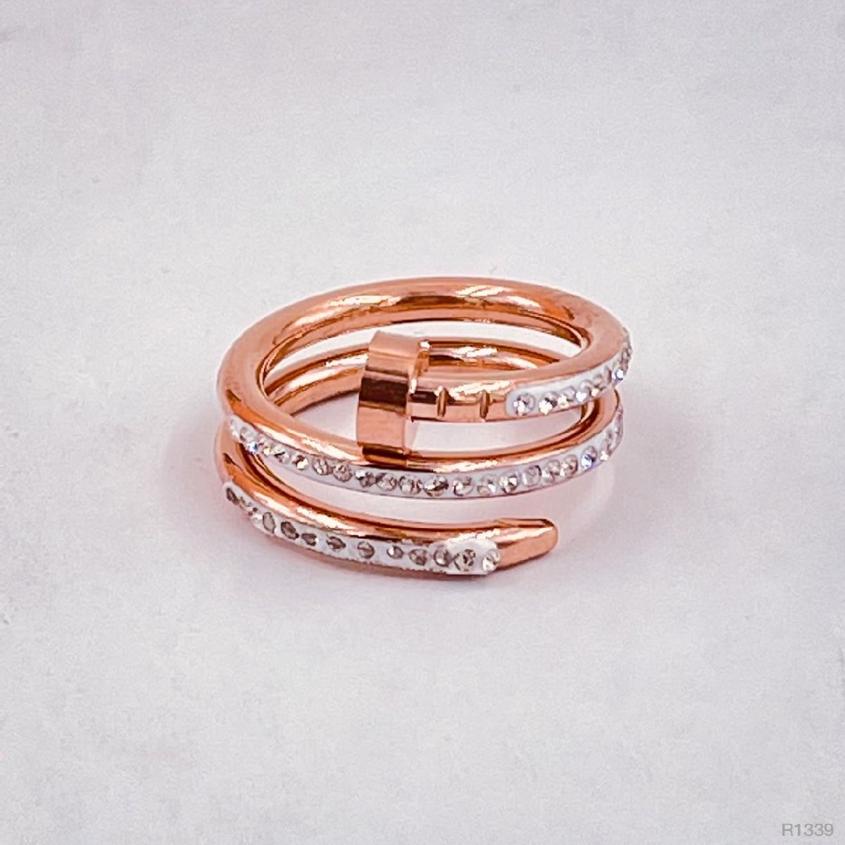 Stainless Steel Layered Nail Cubic Zirconia 18K Rose Gold Ring Bulk Main image