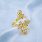 Dual Butterfly Cubic Zirconia Gold Copper Adjustable Ring Women Bulk