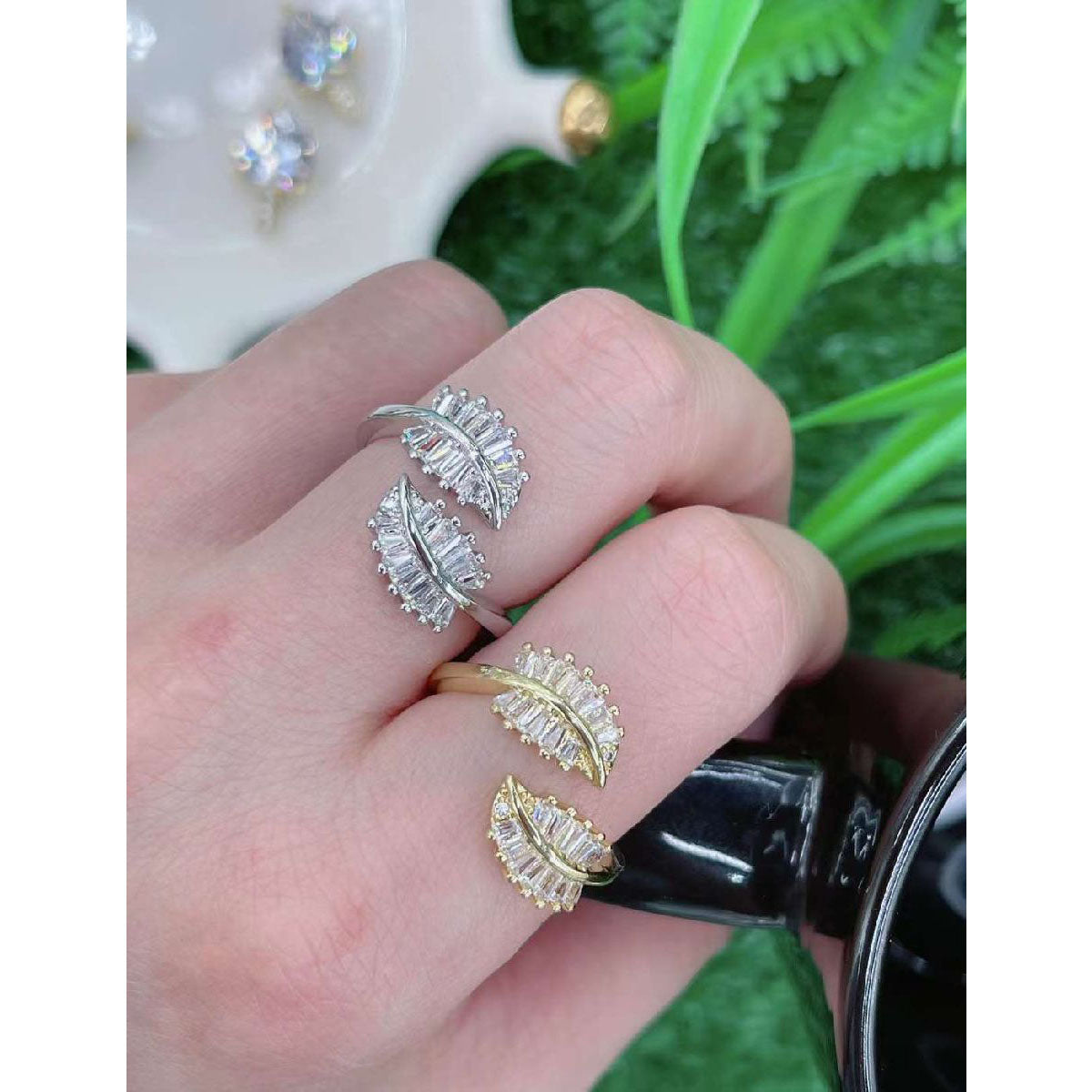 Copper Cubic Zirconia Crystal Gold Leaf Feather Adjustable Ring Bulk