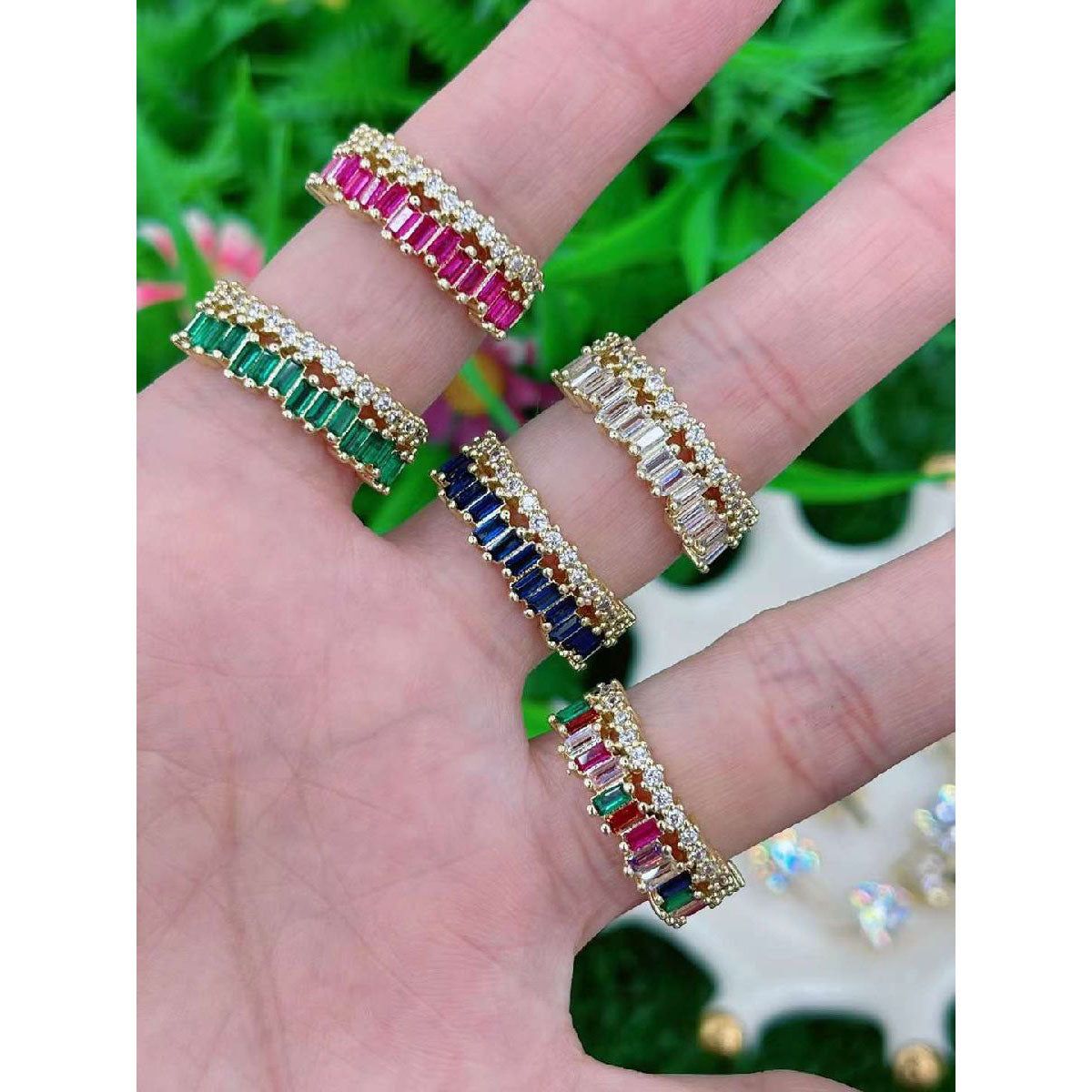 Copper Cubic Zirconia Crystal Baguette Gold Adjustable Ring Women Bulk