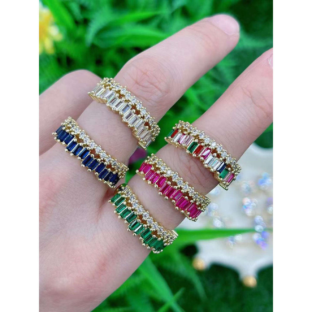 Copper Cubic Zirconia Crystal Baguette Gold Adjustable Ring Women Bulk