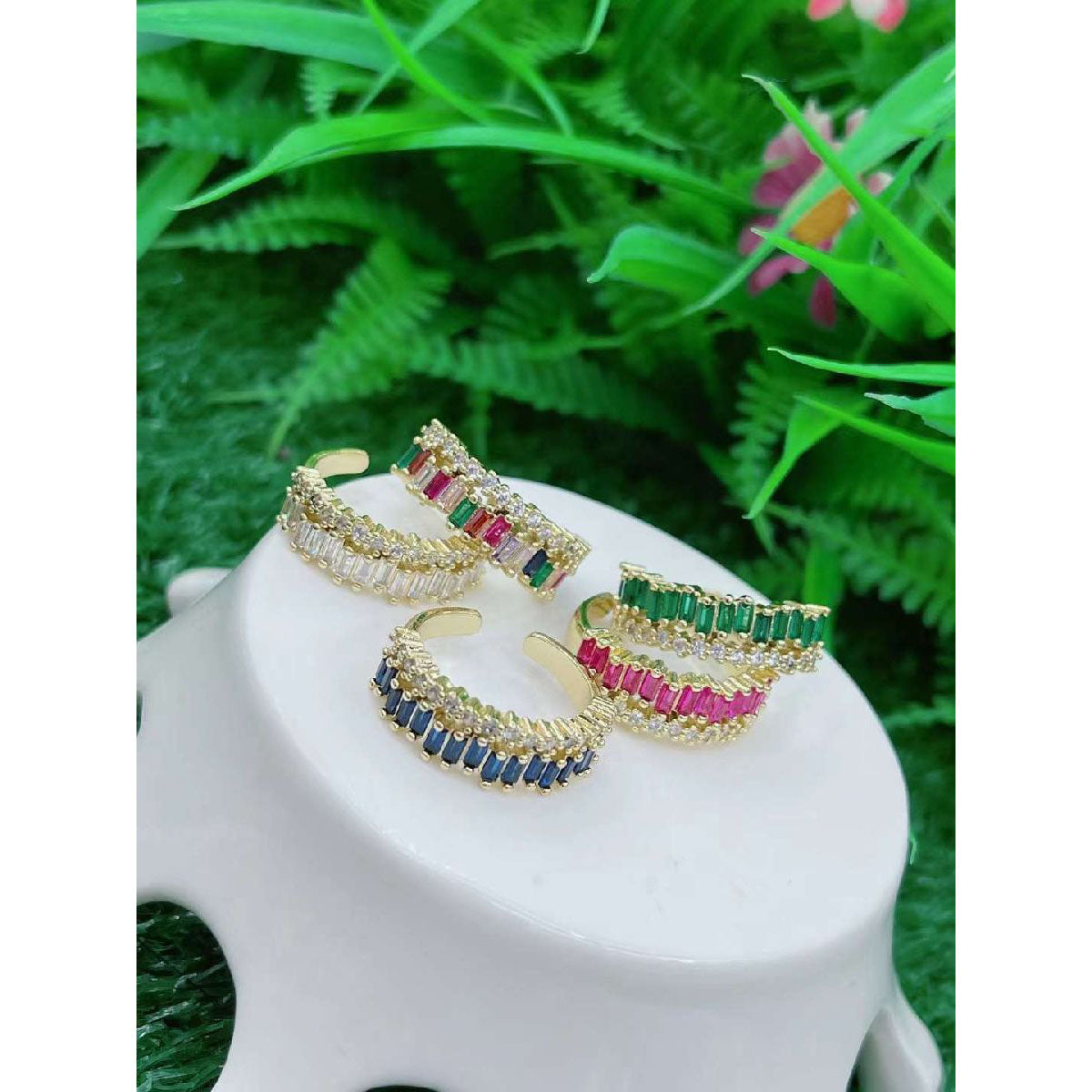 Copper Cubic Zirconia Crystal Baguette Gold Adjustable Ring Women Bulk
