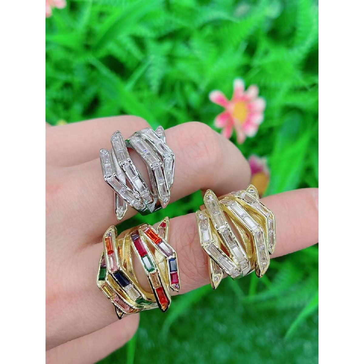 Copper Arrow CZ Crystal Baguette Silver Adjustable Ring Bulk