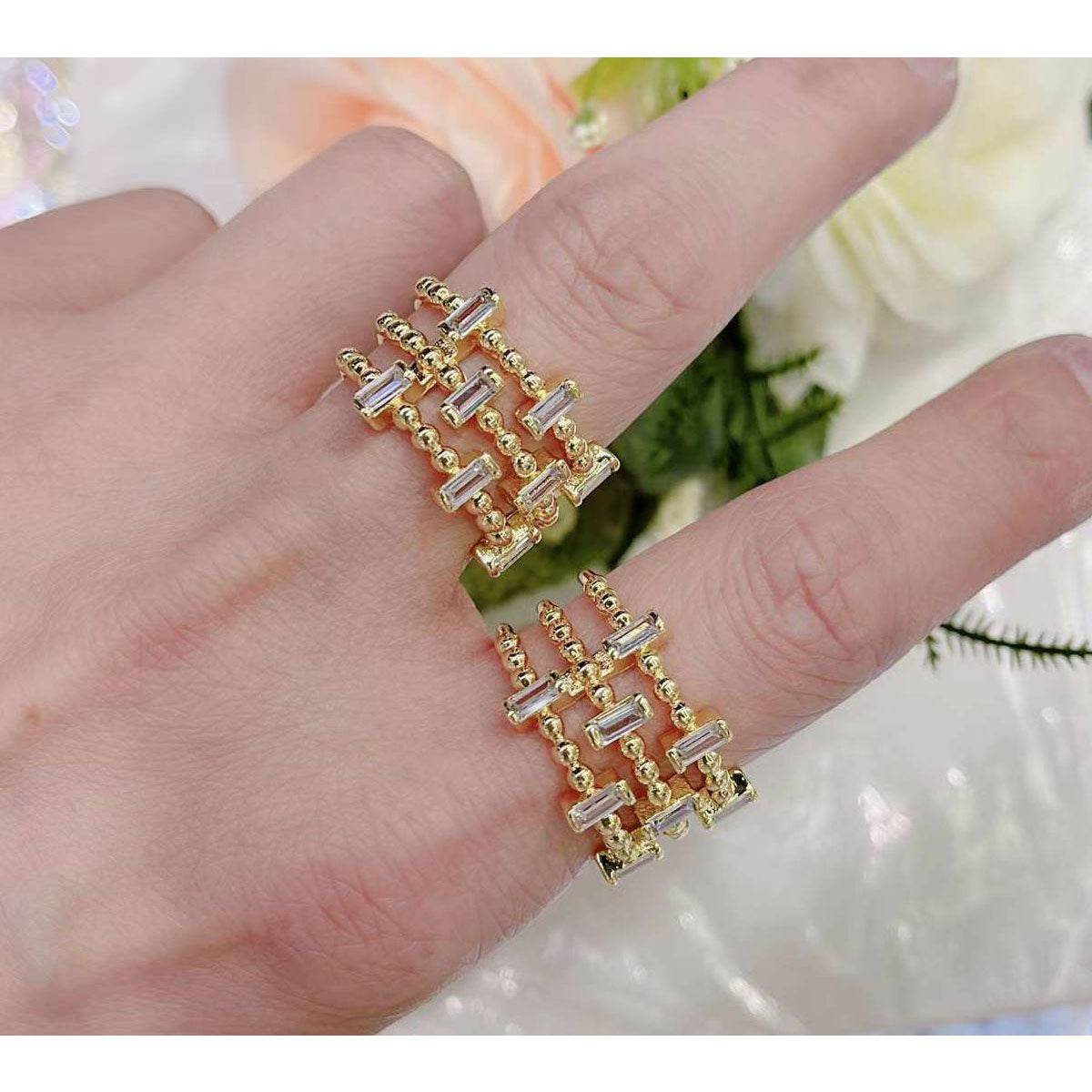 Copper Cubic Zirconia Crystal Baguette Ball Gold Adjustable Ring Bulk