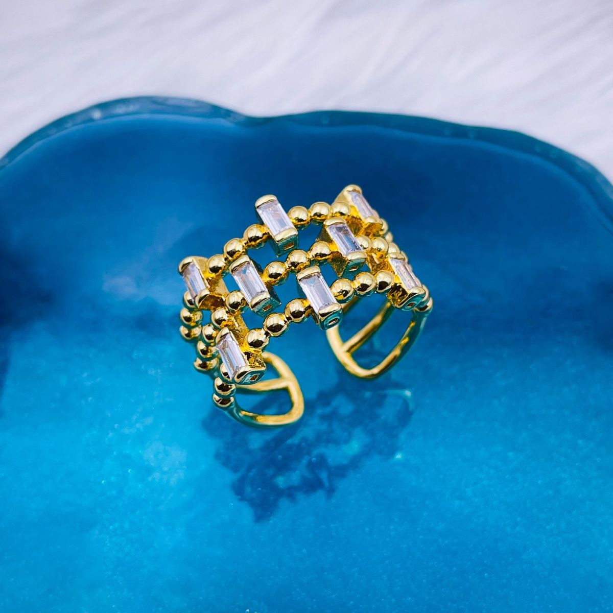 Copper Cubic Zirconia Crystal Baguette Ball Gold Adjustable Ring Bulk