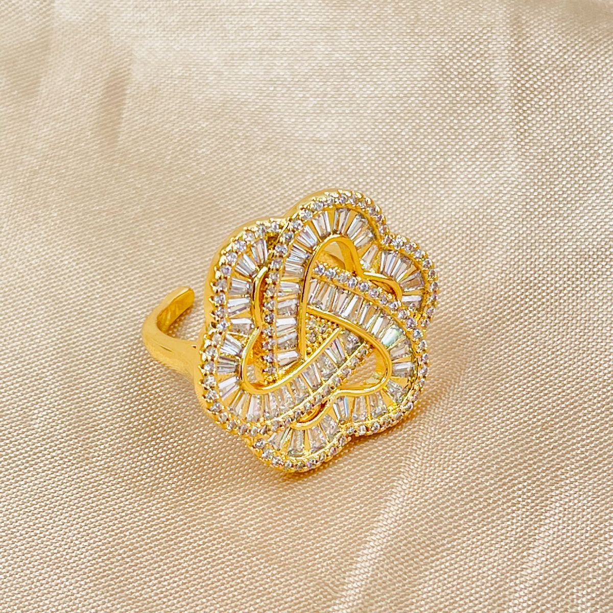 Copper Triple Heart Love Crystal Baguette Gold Adjustable Ring Bulk Main image