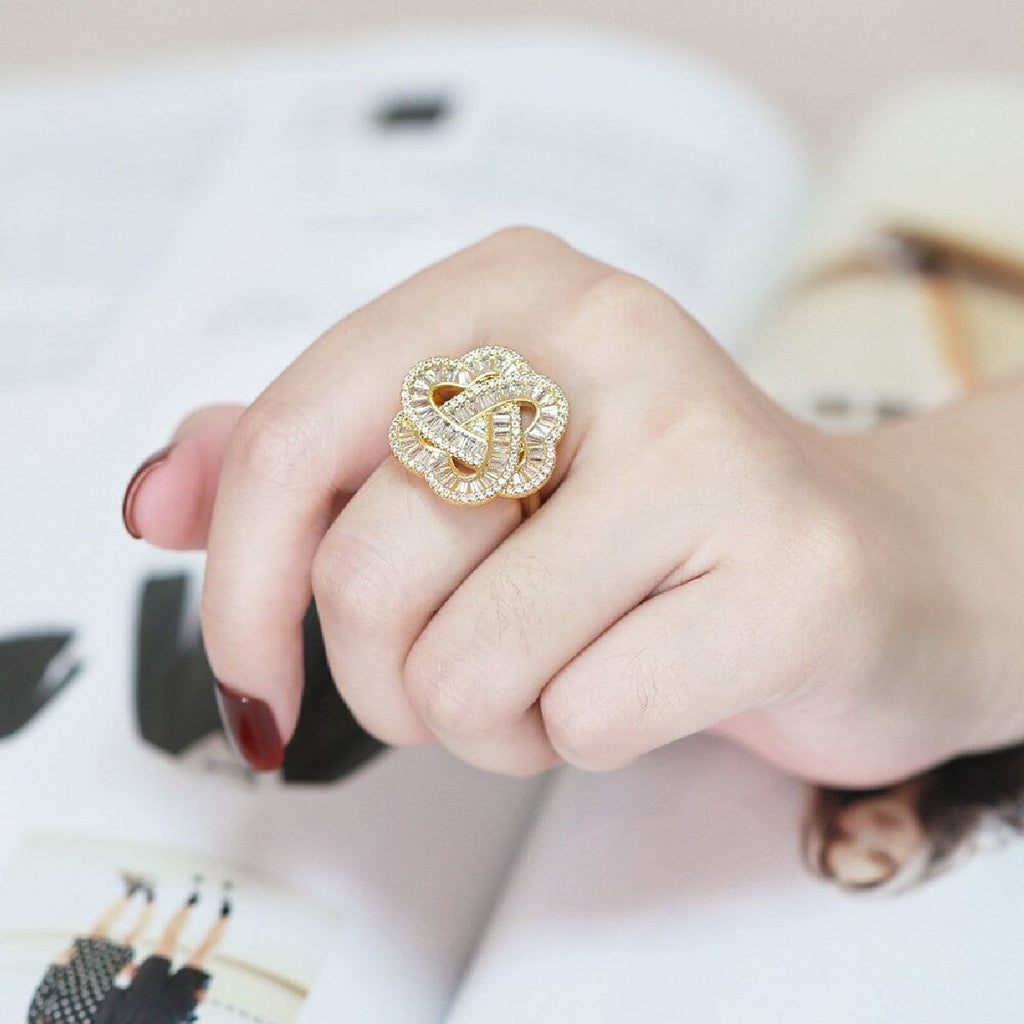 Copper Triple Heart Love Crystal Baguette Gold Adjustable Ring Bulk