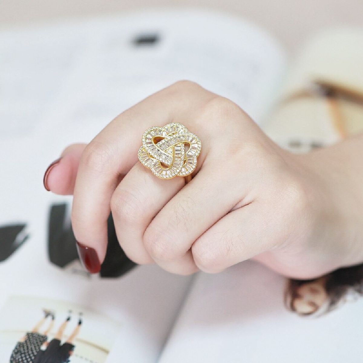 Copper Triple Heart Love Crystal Baguette Gold Adjustable Ring Bulk
